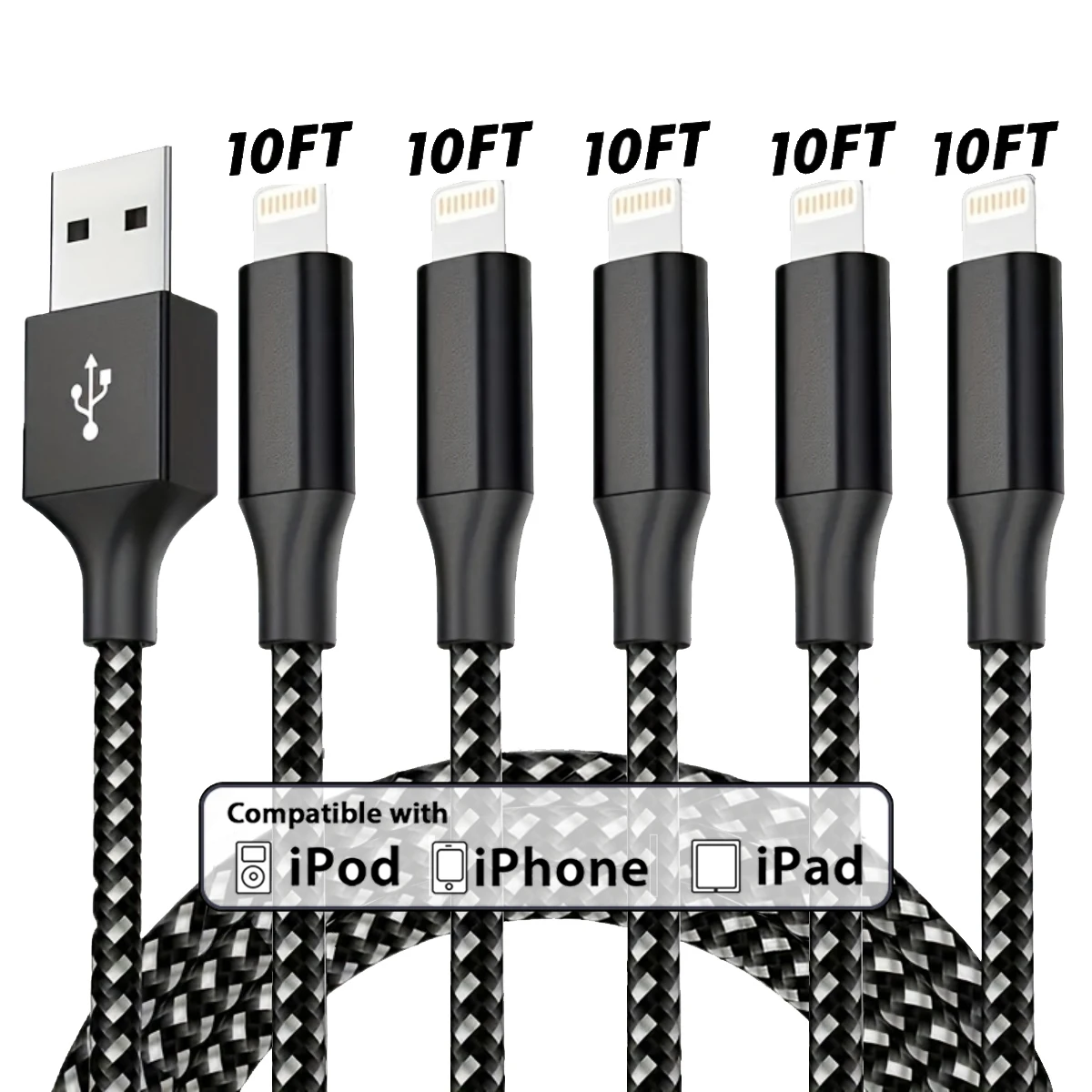 5pcs 10FT[MFi Certified]Nylon Braided USB-A to iphone Fast Charging Cable Compatible with IPhone 14/13/12/11/8/7/6/XR/iPad mini