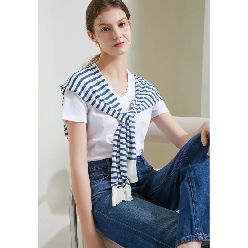 Spring Striped Knitted Shawl Women 100% Lyocell Ultra Thin Soft Breathable Knitted Shoulder Protection