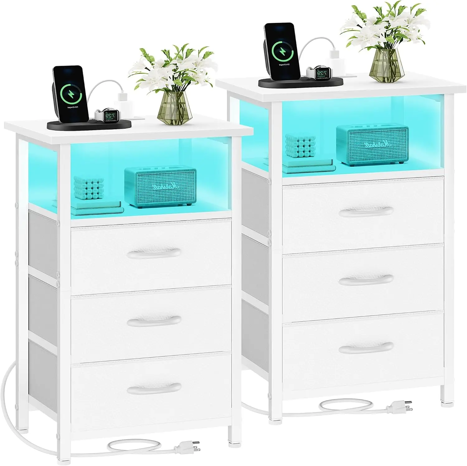Nightstand Set of 2 with Charging Station & LED, White Bedside End Table for Bedroom, 3 Fabric Drawer Side Table with USB Ports & Outlets, Bed Side Table for Bedroom, White