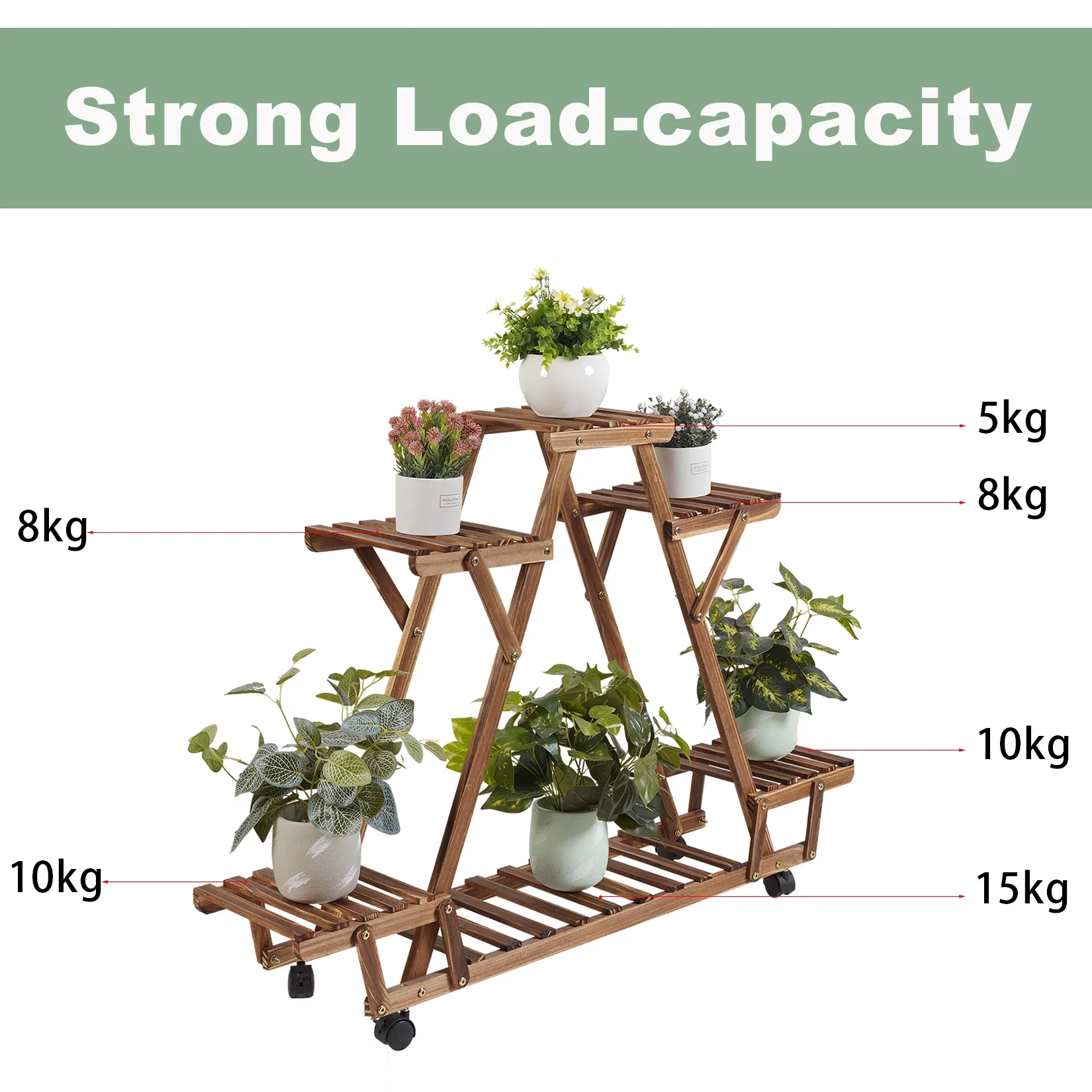 Soporte de plantas de madera móvil de 6 niveles, estante Triangular, soporte de almacenamiento para macetas, estante de exhibición para jardín, interior y exterior