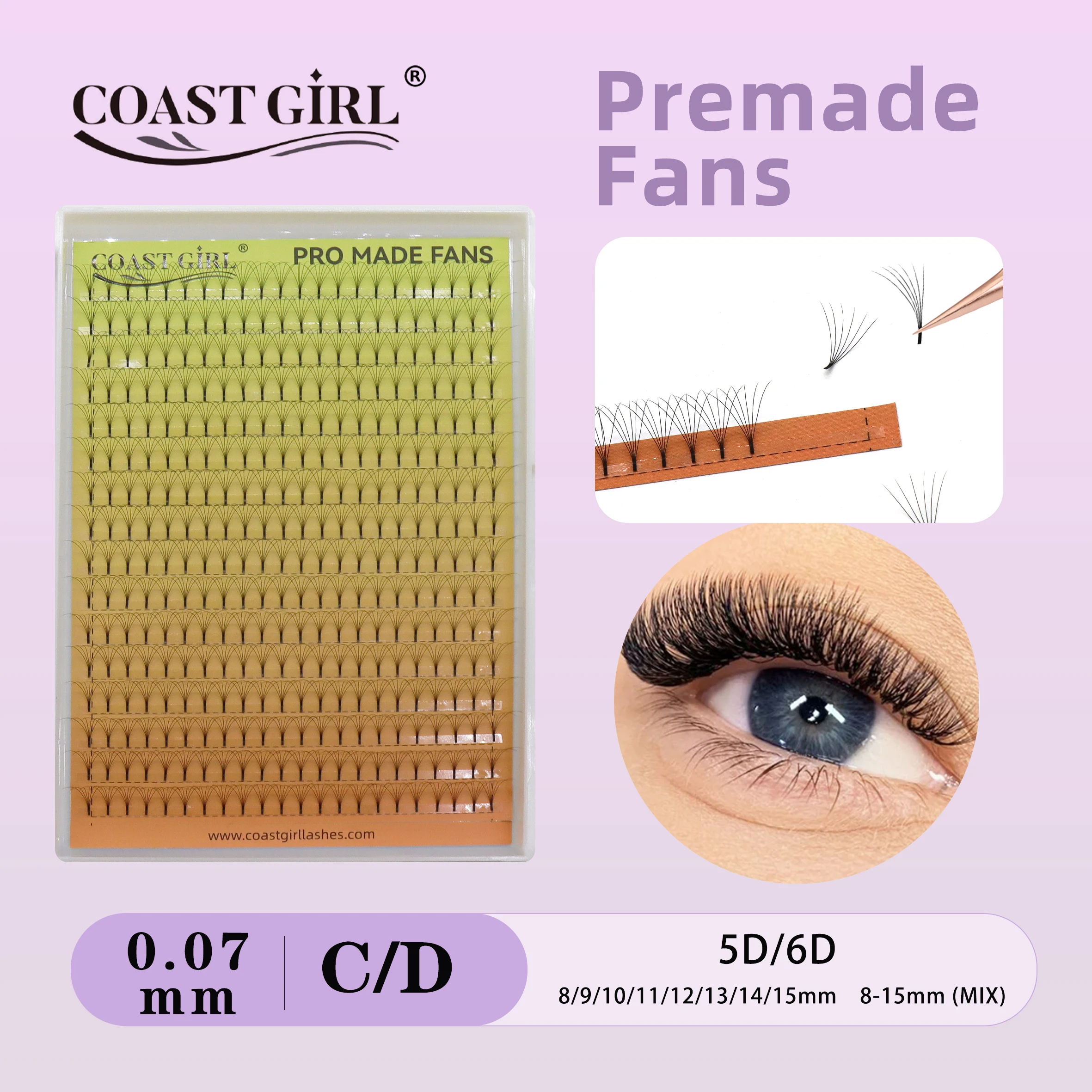 COAST GIRL Premade Fans Long Stem 16 Rows Volume Eyelashes Extension 5D 6D 0.07mm Thickness Handmade Natural Individual Lashes