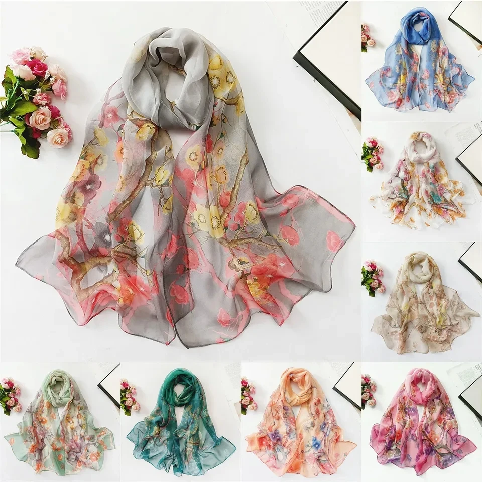 

Fashion Women's Silk Scarf Luxury Floral Printed Thin Shawl Wraps Lightweight Chiffon Scarves For Beach Travel Sunscreen Hijabs