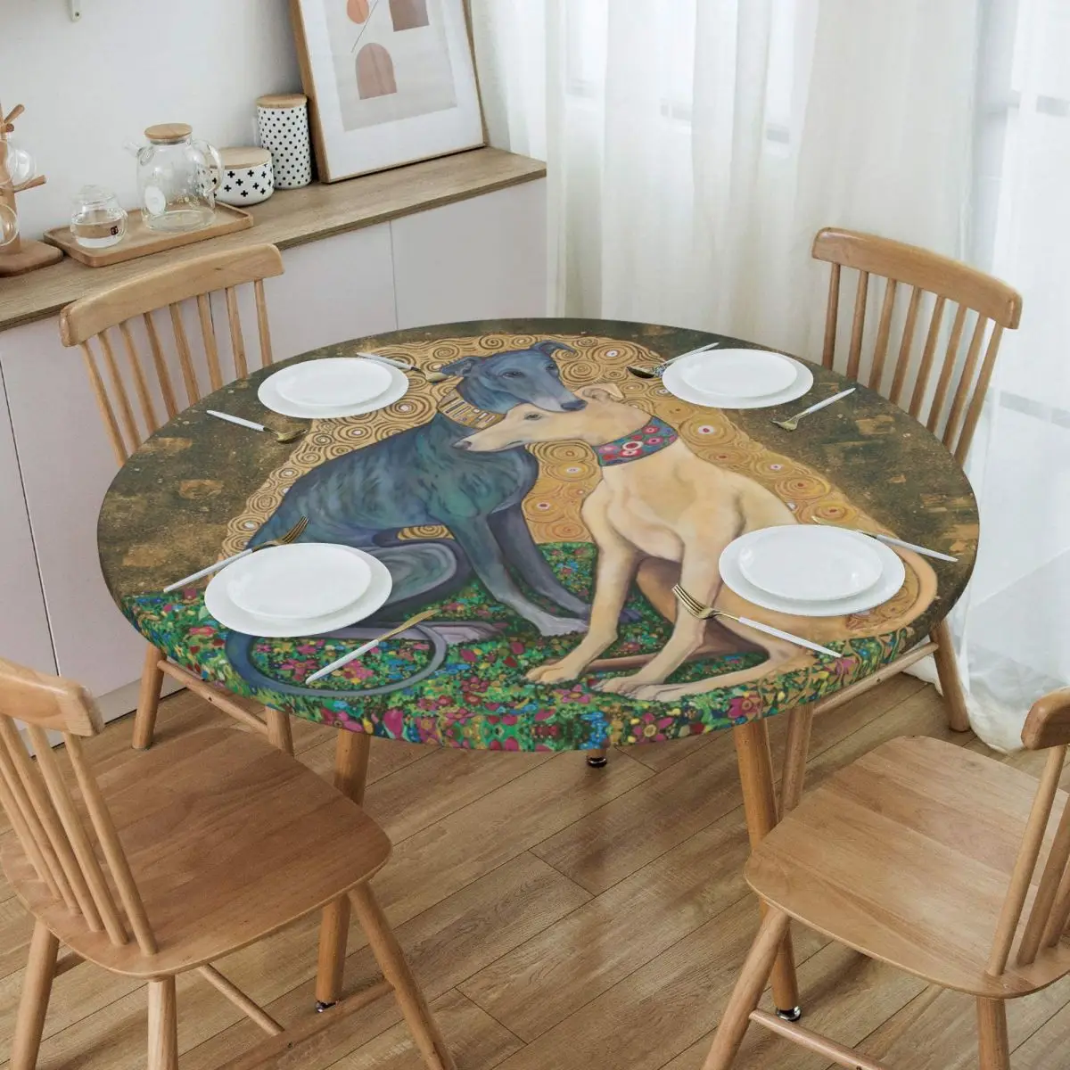 Round Gustav Klimt Greyhound Dog Art Table Cloth Waterproof Tablecloth 45