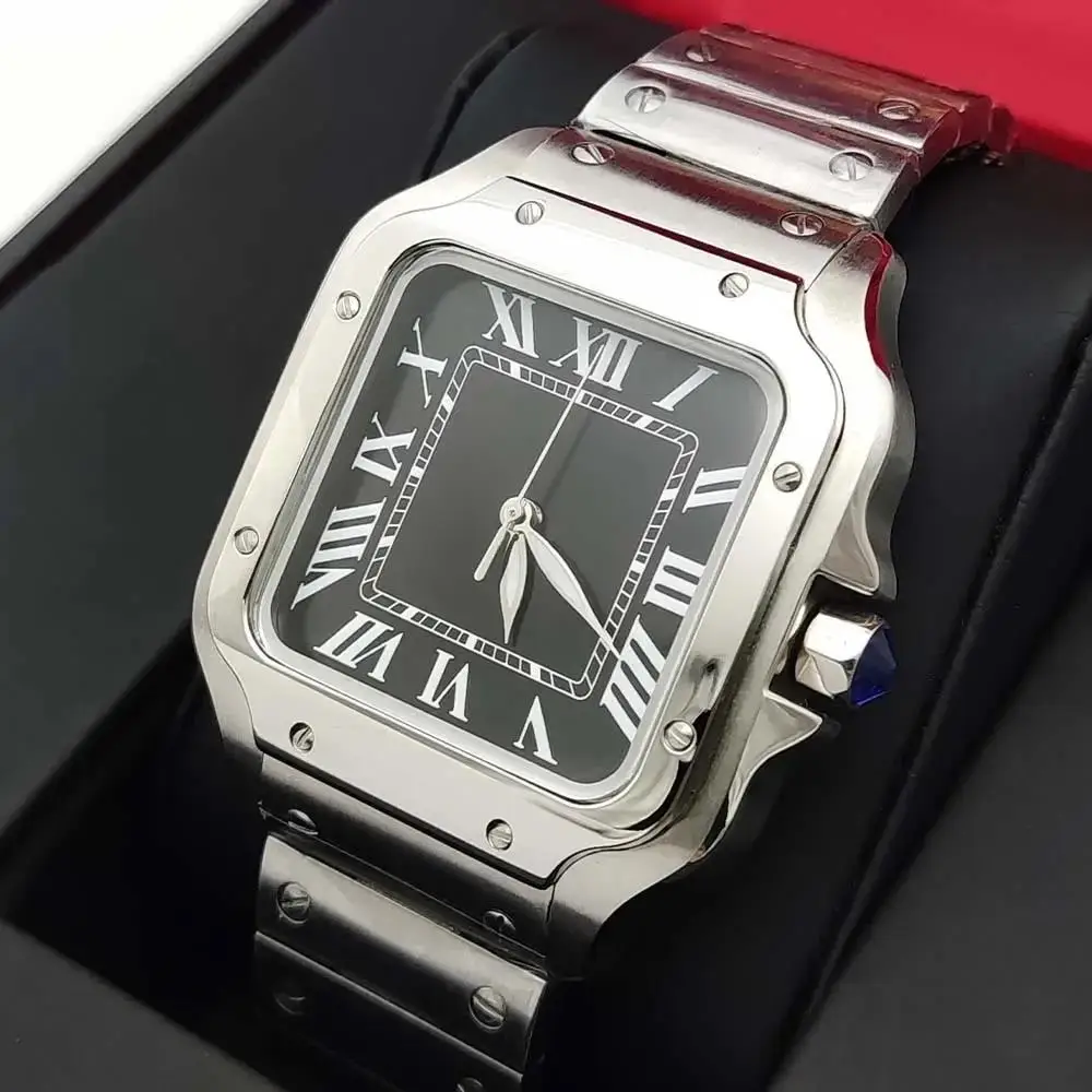 ساعة أوتوماتيكية جديدة فاخرة للرجال ساعات حركة ميكانيكية للسيدات بدون تاريخ سوار من الفولاذ المقاوم للصدأ باللون الأسود والأزرق والأبيض بمينا روما