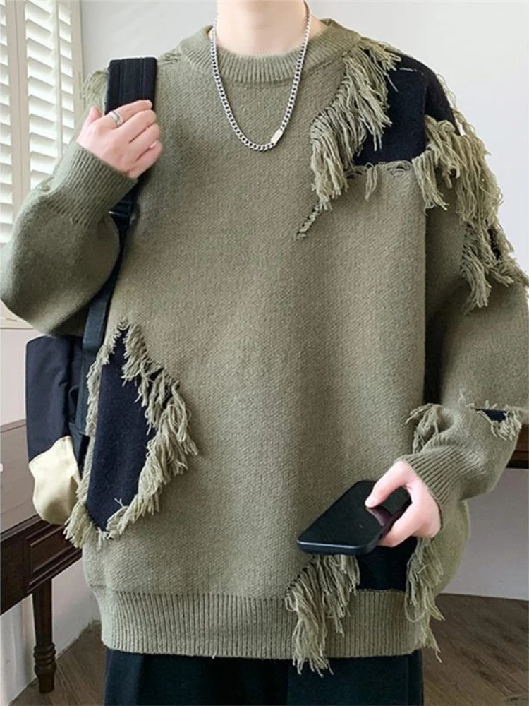 

Вязаные свитера с отверстиями для мужчин. Предложения одежды. 2024. Дизайнерский трикотаж. Уличная одежда. Свободный крой. Ленивый стиль. Рваный топ. Пуловер для мужчин.