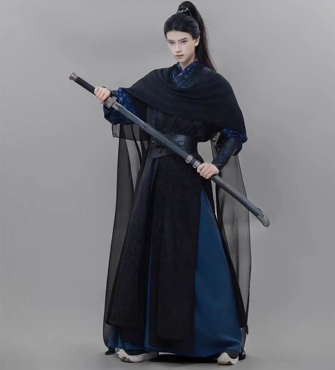 

Black Blue Men's Hanfu Traditional Embroidery Cross Collar Clothing Halloween Swordsman Cosplay Costume Stage Wuxia Outfits Sets