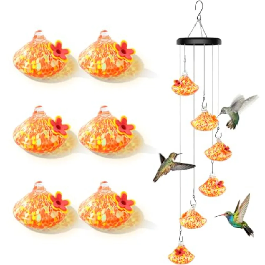 

Wind Chime Glass Hummingbird Feeder - 20 Oz Outdoor Hanging Feeder with 6 Ports Attract More Hummingbirds Leak-Proof Design Uni