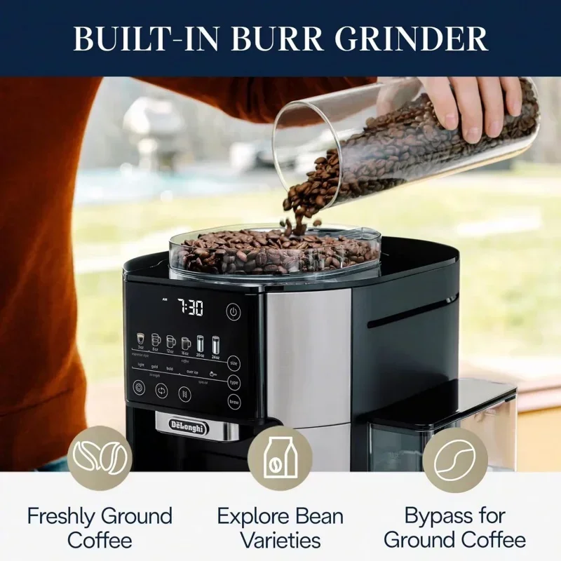 QWDe'Longhi TrueBrew Drip Coffee Maker,Built in Grinder,Single Serve,8 oz to 24 oz,Hot or Iced Coffee,Stainless,CAM51025MB,