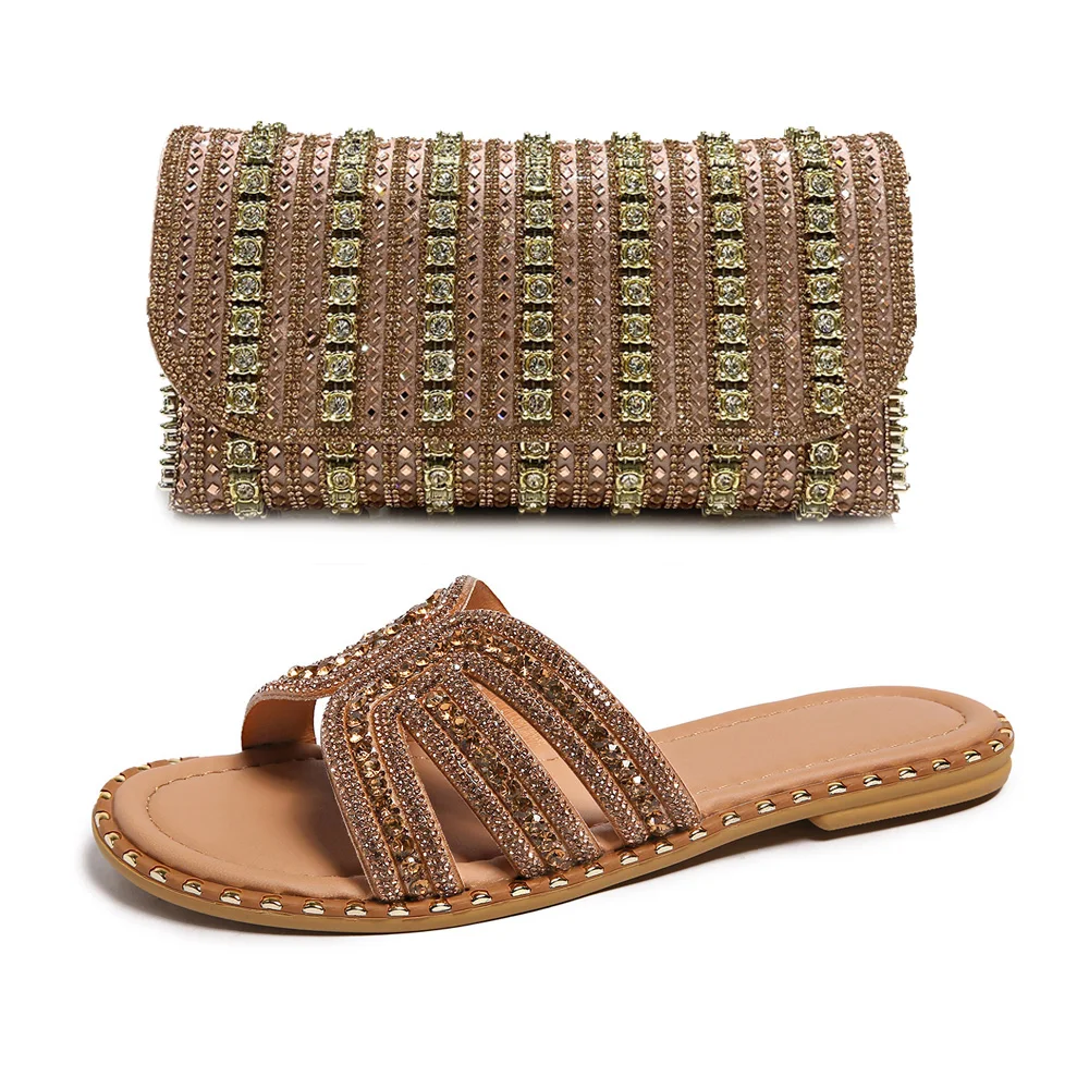 2026 Women's Summer Fashion Water Diamond Shoes Flat Slippers Anti slip Sandals Shining Chain Diagonal Cross Small Square Bag