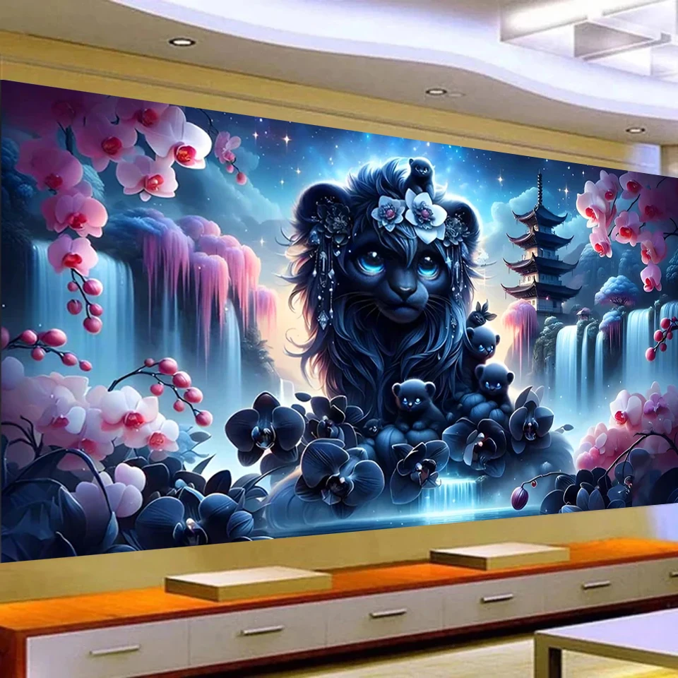 

Vibrant Black Lion Flower Waterfall Diy Full Square Round Diamond Painting Kit Diamond Mosaic Art Embroidery Craft,Home Decor