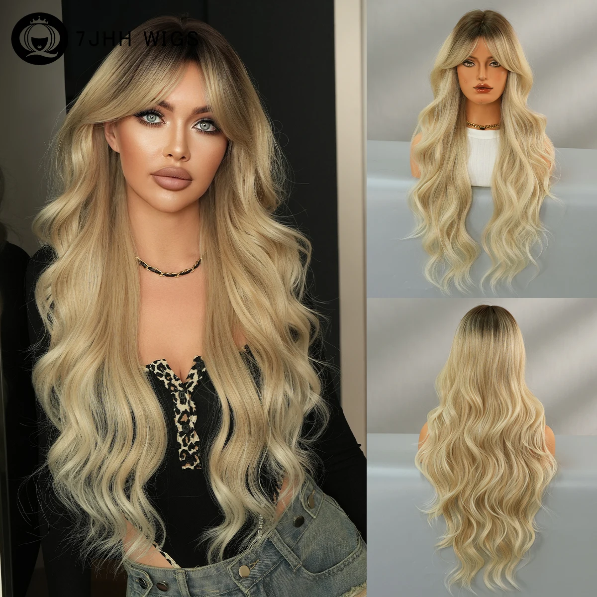 7JHH WIGS Lange Wasserwellen-Blondine Perücke für Frauen, Synthetische Mehrschichtige Modische Perücke mit Mittelscheitel und Pony zum Sofortigen Tragen