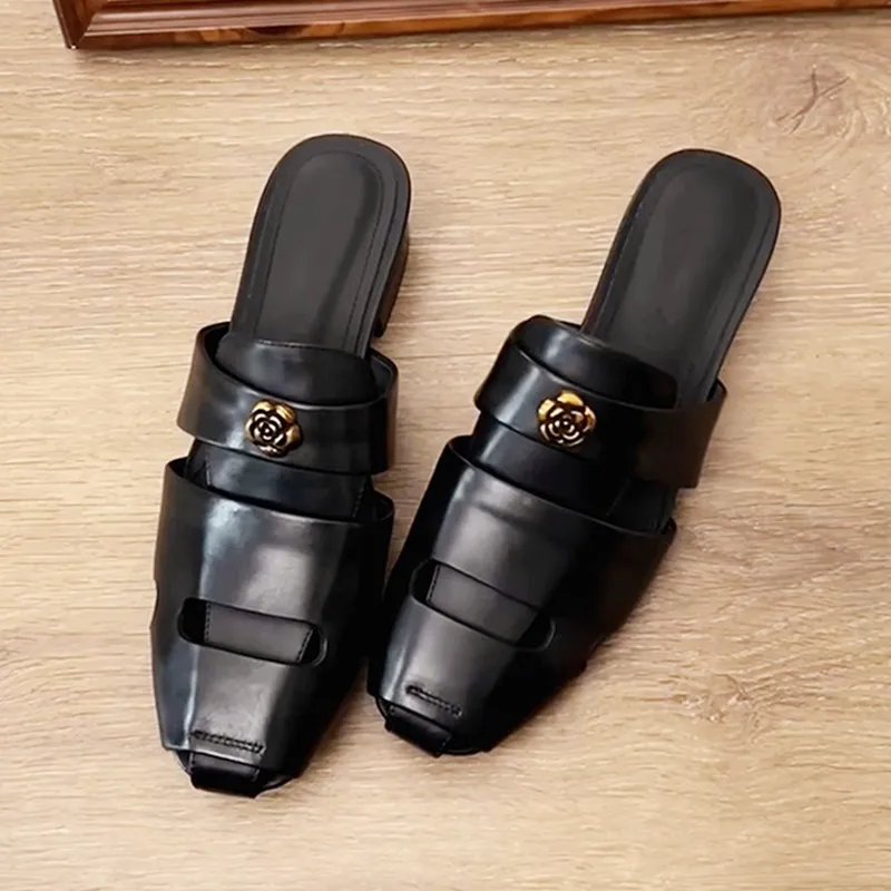 

Black Soft Leather PU Chunky Heel Women's Slippers Weave Square Toe Mules Shoes Camellia Decoration Summer Beach Slide Sandals