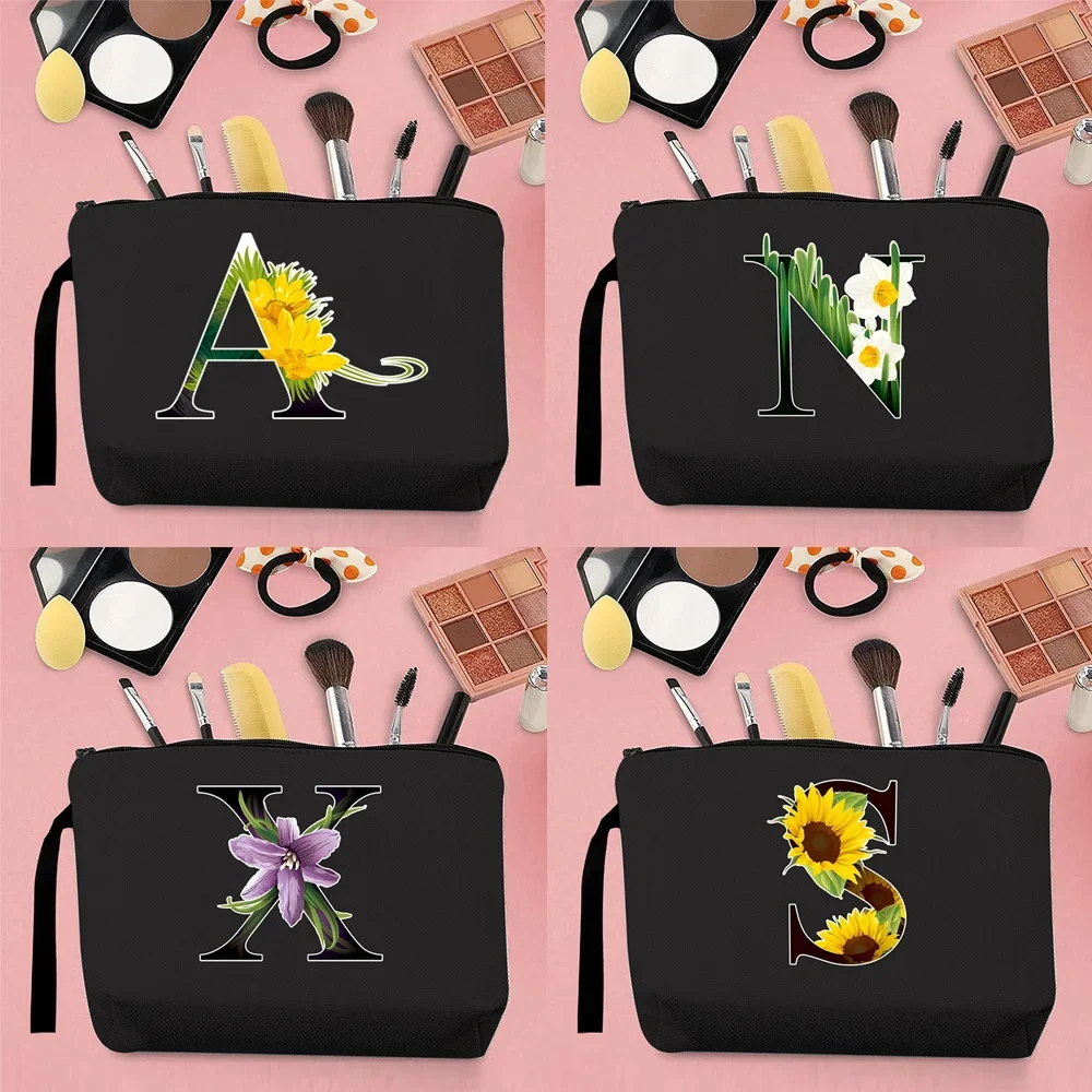 

Fashion Storage Bag Woman Hand Holding Coin Purse Canvas Initial Name Flower Color Pattern Printing Makeup Brush Portable Black