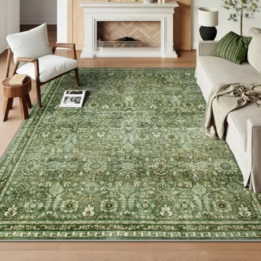 

Boho 8x10 Rugs for Living Room Machine Washable Low Pile Area Rug for Bedroom Moss Green NonSlip Thin Carpet for Dining Room Ho