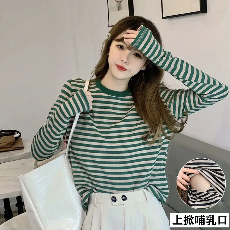Purple Black Autumn Long Sleeve Maternity O-Neck Nursing Top Breastfeeding Striped Shirt Postpartum Woman Zip Fly Lactation Tees