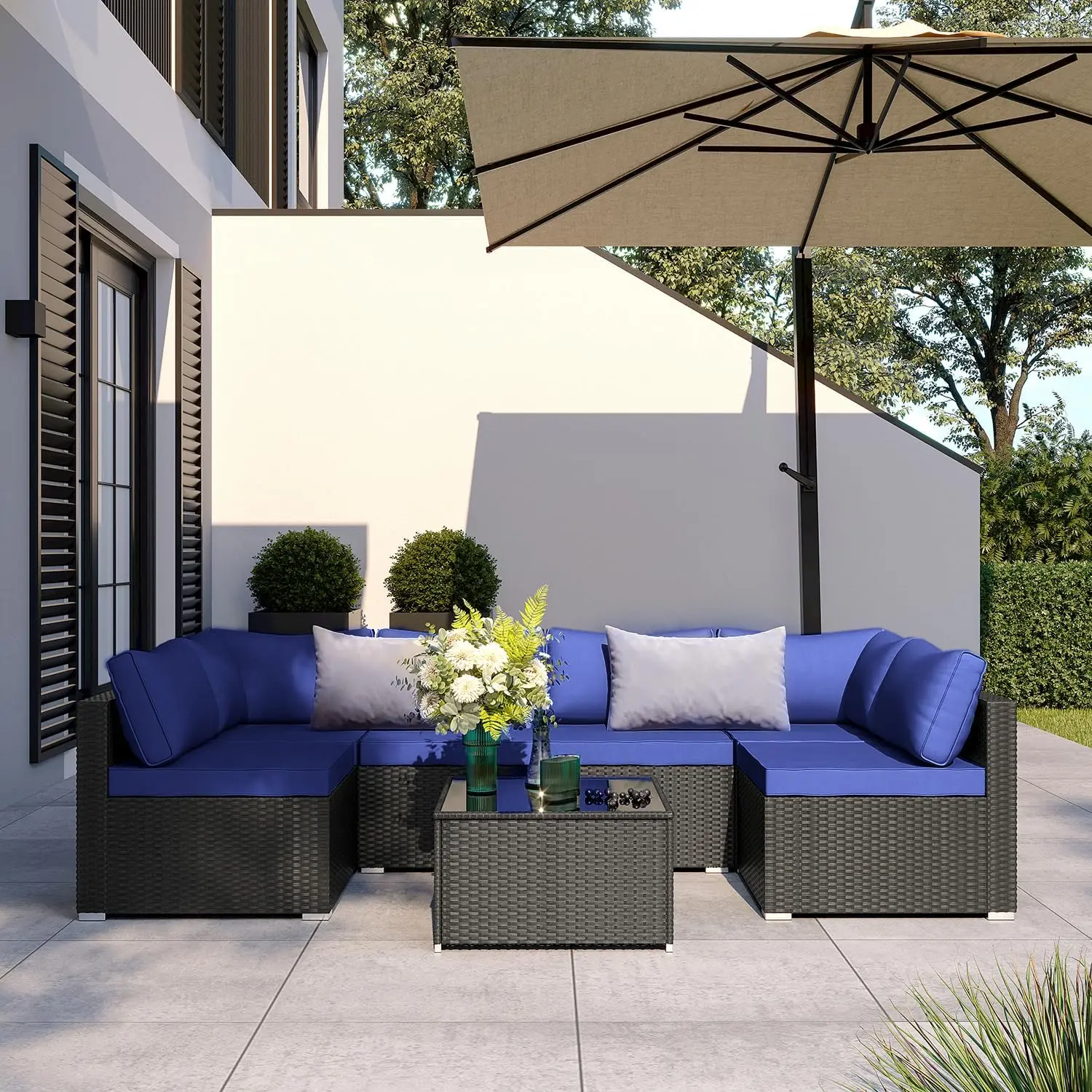 7 Pieces Patio Furniture Set - Outdoor Sectional Wicker Rattan Furniture with Cushion and Glass Table Patio Conversation Sets fo