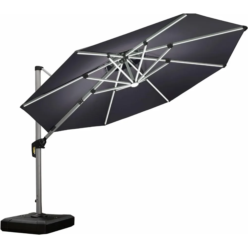 

Solar powered LED Patio Umbrella Outdoor Round Umbrella Large Cantilever Umbrella with LED lights， for Garden Deck