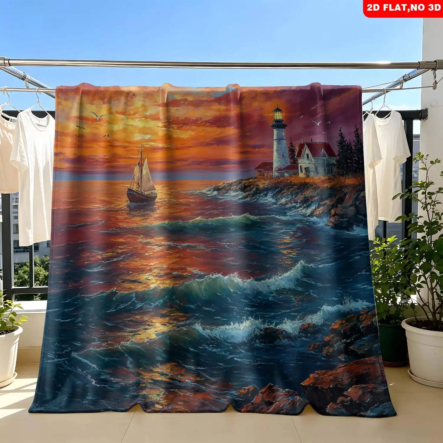 Lighthouse Sunset Seascape Blanket Throw Cozy Ocean Art Fleece Decor Large 150x200cm Home Gift Decor