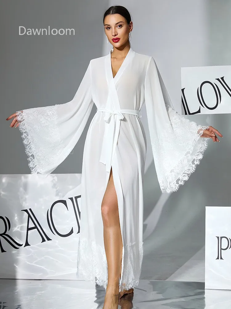 

White Sheer Tulle Lace-Trimmed Flared-Sleeve Tie-Waist Long Robe for Women Luxury Elegant Wedding Morning Gown Home Loungewear