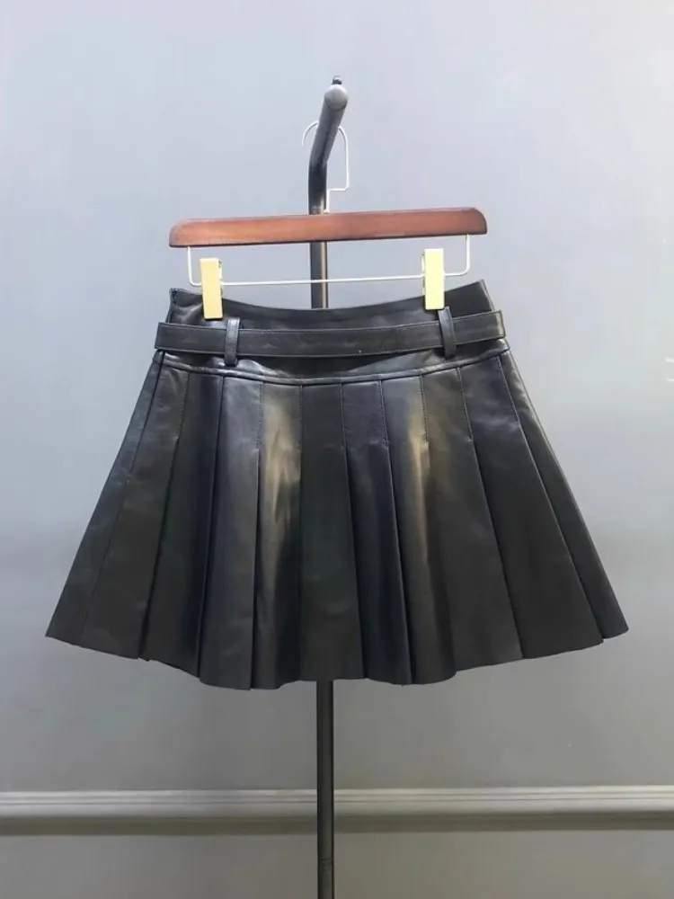 Autumn Women Sweet Sheepskin Genuine Leather Pleated Skirt High Waist Belt Fashion Casual Party Solid Color A Line Short Skirts