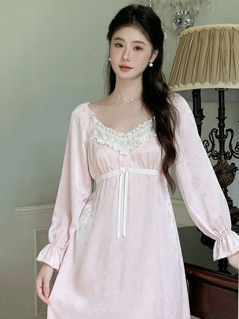 Women French Vintage Pajamas Autumn Fairy Silk Long Sleeve Nightgown Princess Nightgown Night Dress Victorian Home Clothes