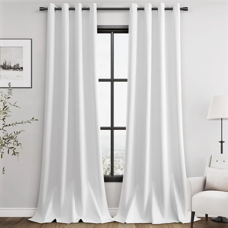 Blackout White Curtains 102 Inch Length for Living Room Grommet Pure White Black Out Drapes Energy Saving Noise Sound