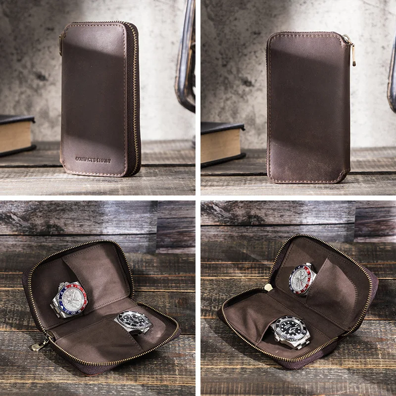 Coffee-colored genuine leather watch case, retro wild horse leather creative zipper handbag