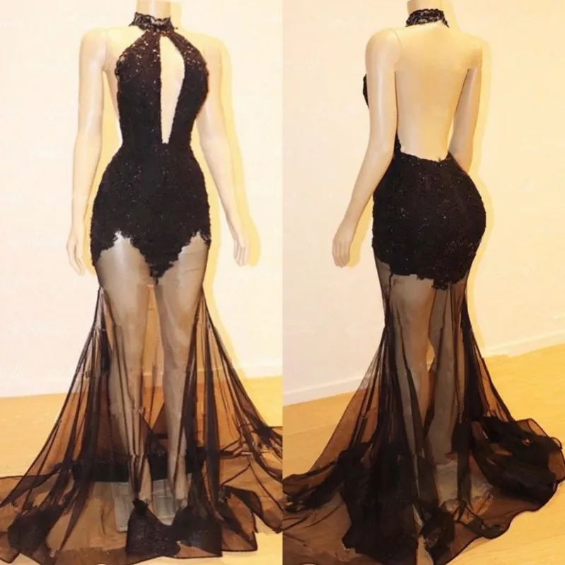 Sexy Black Lace Prom Banquet Dress 2025 High Neck Long Illusion Mermaid Formal Evening Gowns African Vestidos De Feast