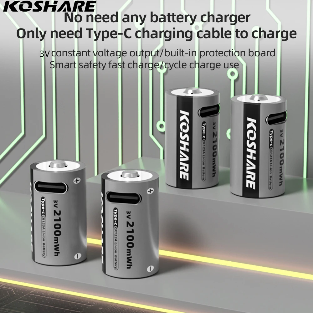 KOSHARE CR123A 3V 2100mWh Li-ion Rechargeable Batteries CR123A 2100mWh Lithium Battery For Flashlight Microphone+Type-C Cable