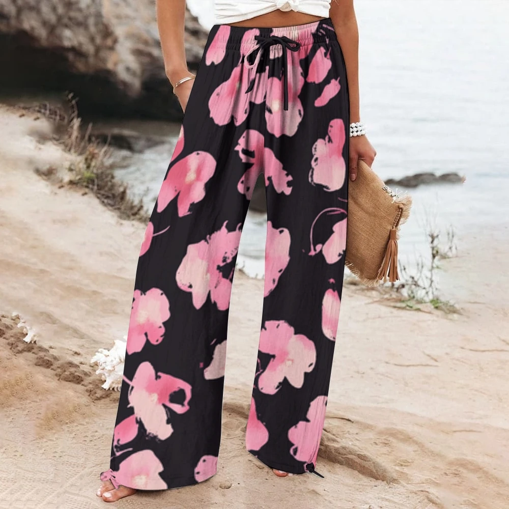 High Waist Bohemian Style Wide-Leg Casual Pants For Women High Quality Cotton Beach Wear Stylish Casual Bottoms