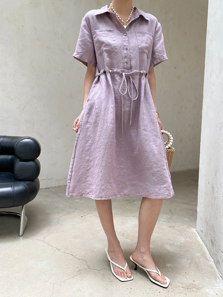 Sommerliches Damen-Freizeitkleid in Uni-Farbe mit Perlenbesatz, Kordelzug und tailliertem Schnitt – Detail 13