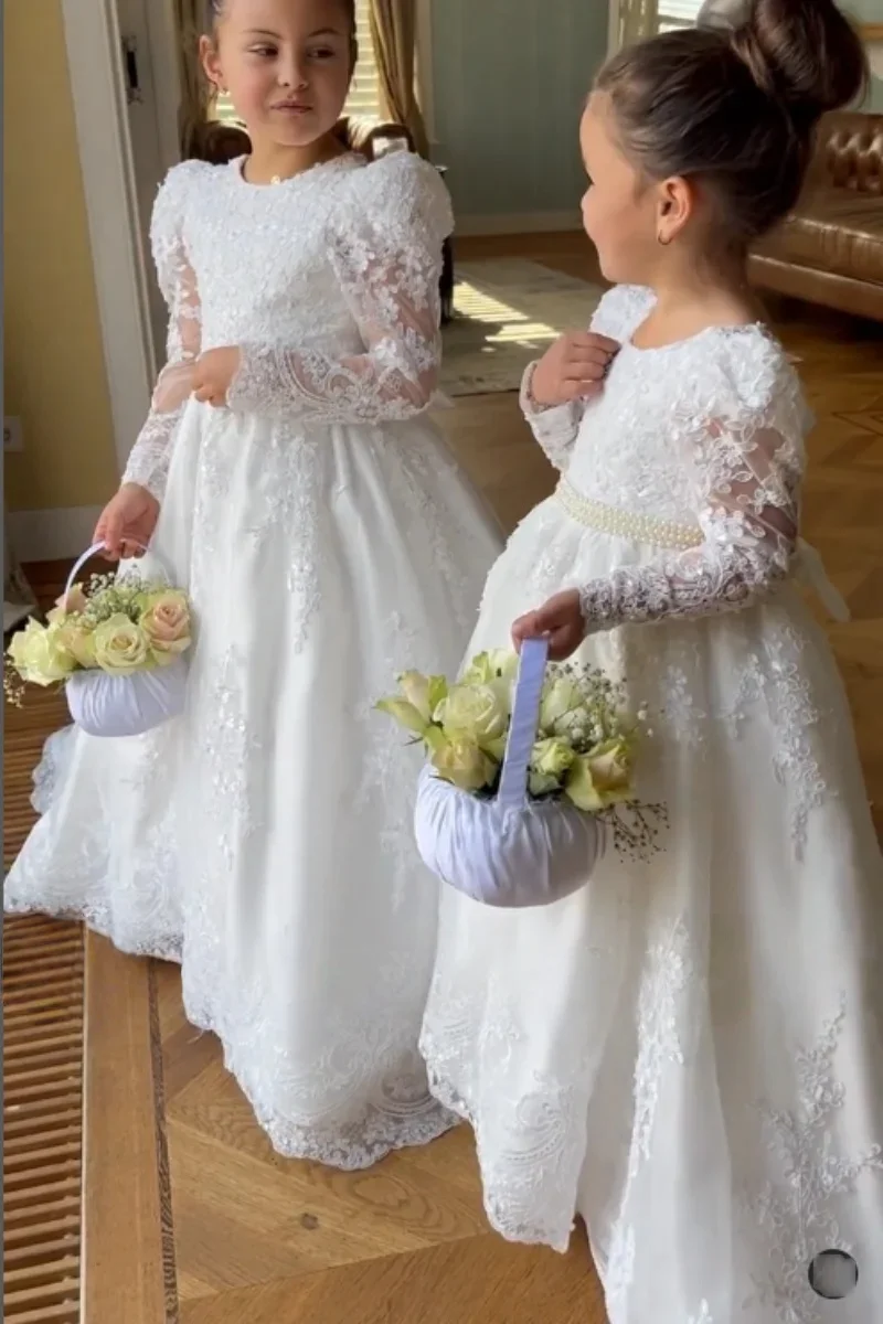 JDY-vestido blanco personalizado de flores para niña, vestido de boda con lazo de encaje, apliques hasta el suelo, fiesta de cumpleaños y comunión