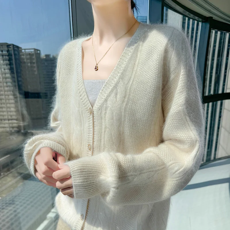 

Осень/зима, жаккардовый вязаный кардиган из норки с v-образным вырезом, женская куртка, однотонная верхняя куртка, свитер