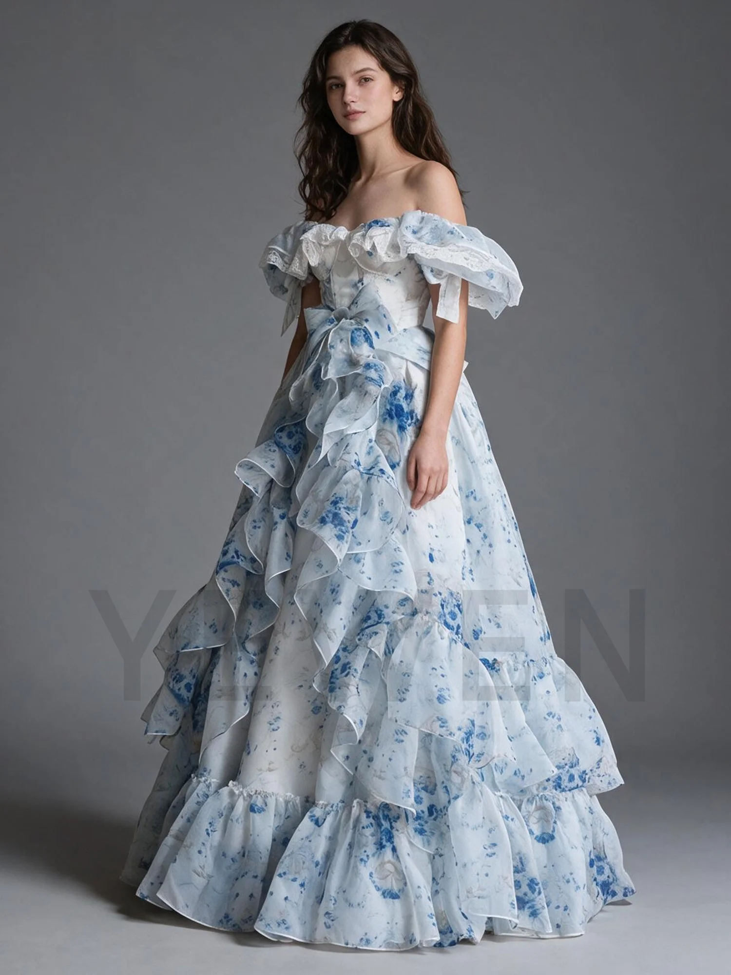 Blue Floral Print A-Line Prom Gown Tiered Ruffle Off-the-Shoulder Maxi Dress Fantasy Fairy Wedding Guest Party Gown YW2609295