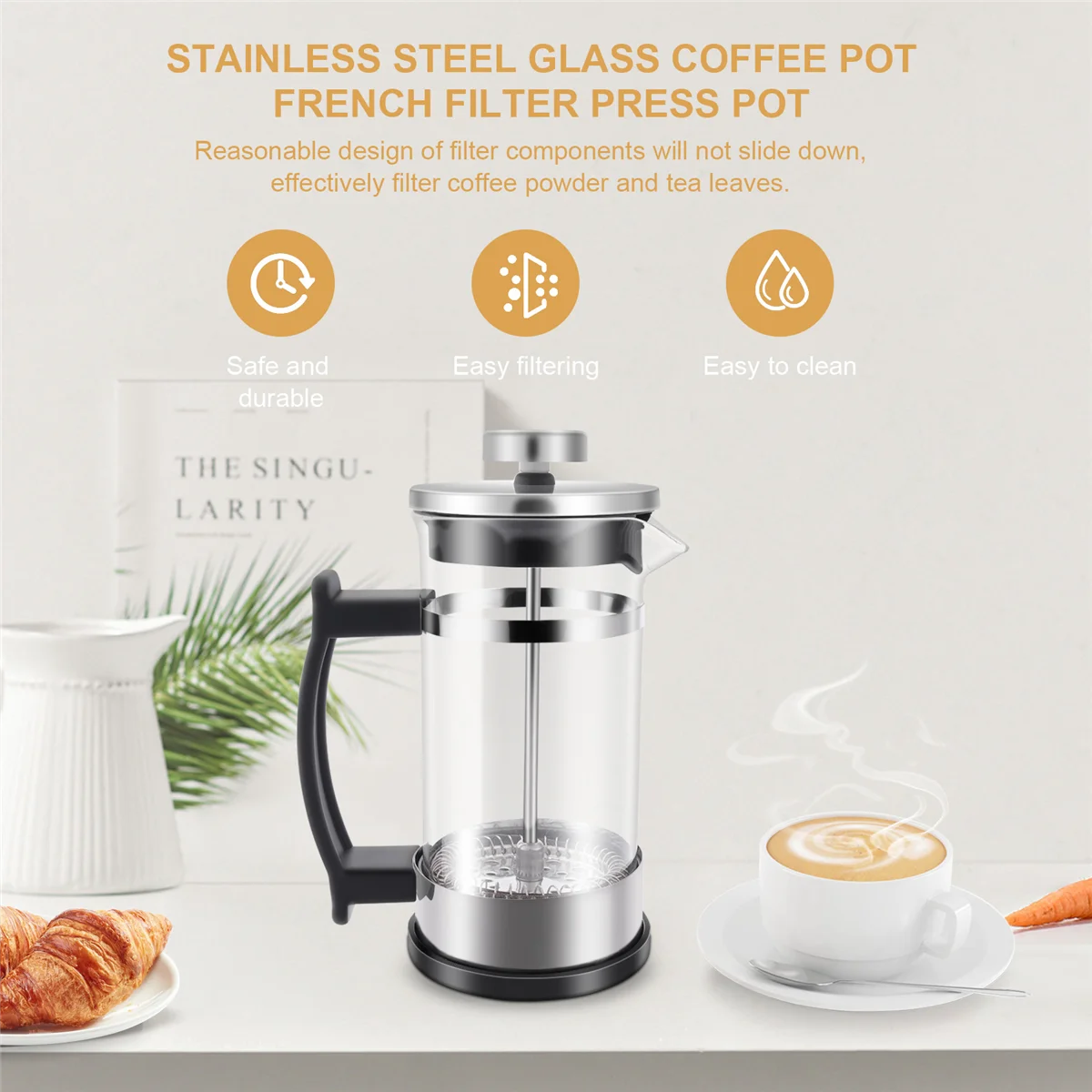 

Coffee Maker Pot, Stainless Steel Glass Coffee Pot French Press Filter Pot Household Tea Maker,Suitable for Making Tea M