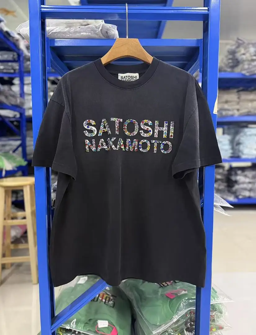 2026ss Satoshi Nakamoto Logo Printed Diamonds Patched Women Men T shirts tees Hiphop Oversized Men Casual Cotton T shirt
