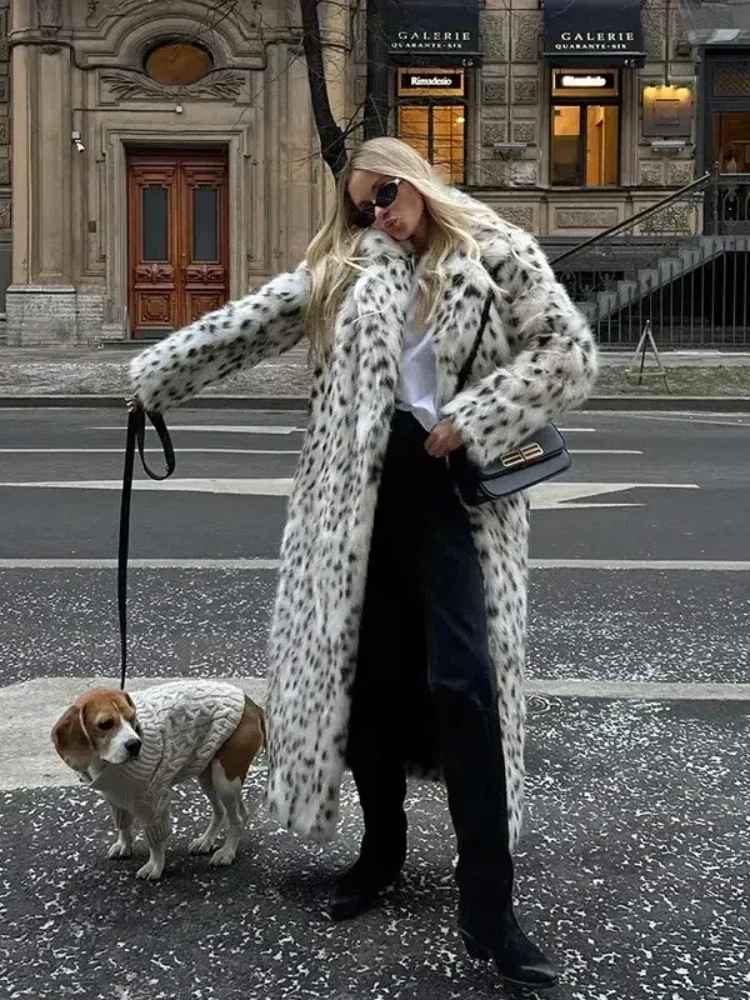 Retro Leopard Faux Fur Long Coat Women Warm Thicken Oversize Jacket Female Winter Casual Loose Street Outwears 2024 New In Coats