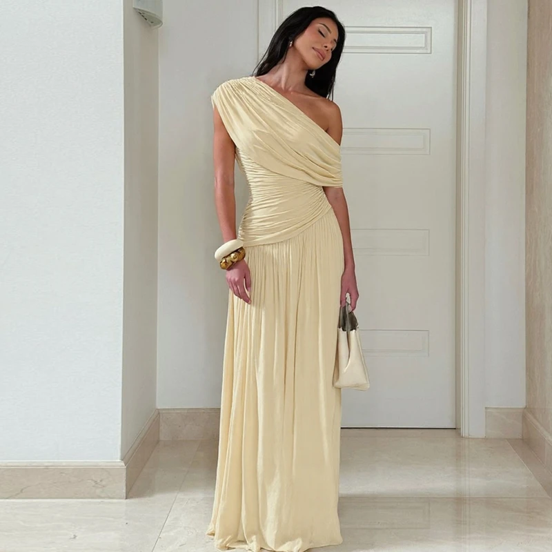 Hugcitar One Shoulder Ruched Sleeveless Solid Pleated Sexy Irregular Y2K Maxi Dress Summer Elegant Party Women Clothes Vacation