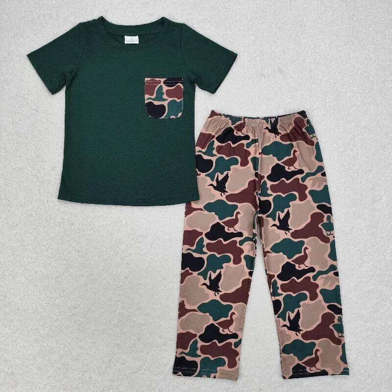 

RTS Baby Boys Toddler Short Sleeve Grey Cotton Tee Shirts Wholesale Children Camo Ducks Boutique Pants Clothes Sets