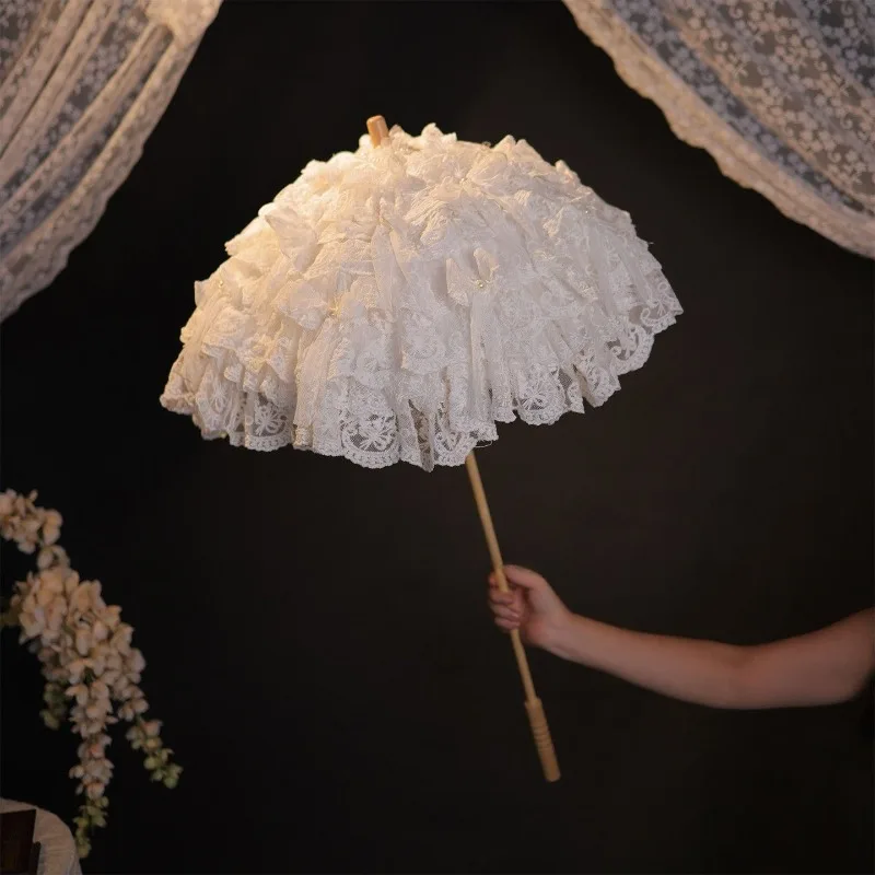 Pure white multi-layer lace pearl bow lo umbrella retro flower wedding photography wooden handle long umbrella shooting props