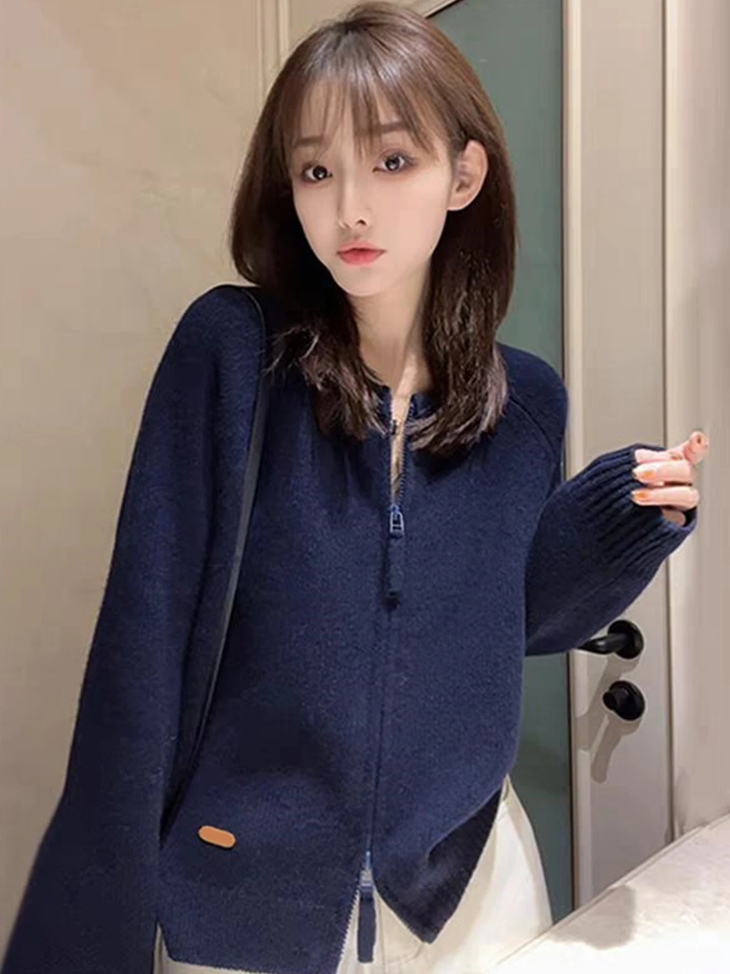 

Laid-ba красный вязаный длинный свитер светя, пальто с двойной молнией, повседневное корейское пальто Faion, зима 2025 г., женский трикотаж