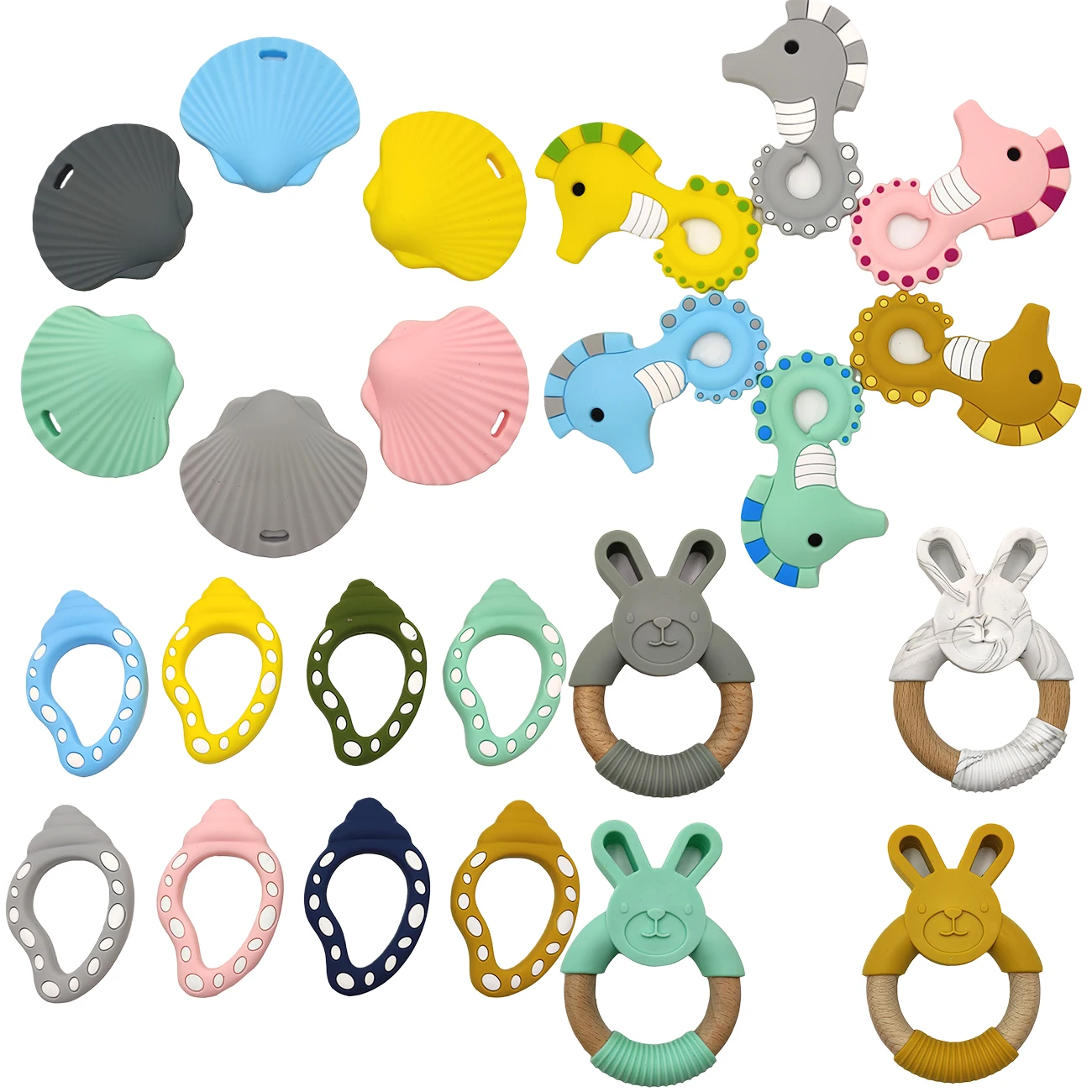 2pc Random Baby Silicone Shell Animal Teether Infant dinosaur Pearl Beads DIY Nursing Necklace Pacifie Pendant Accessory Toy