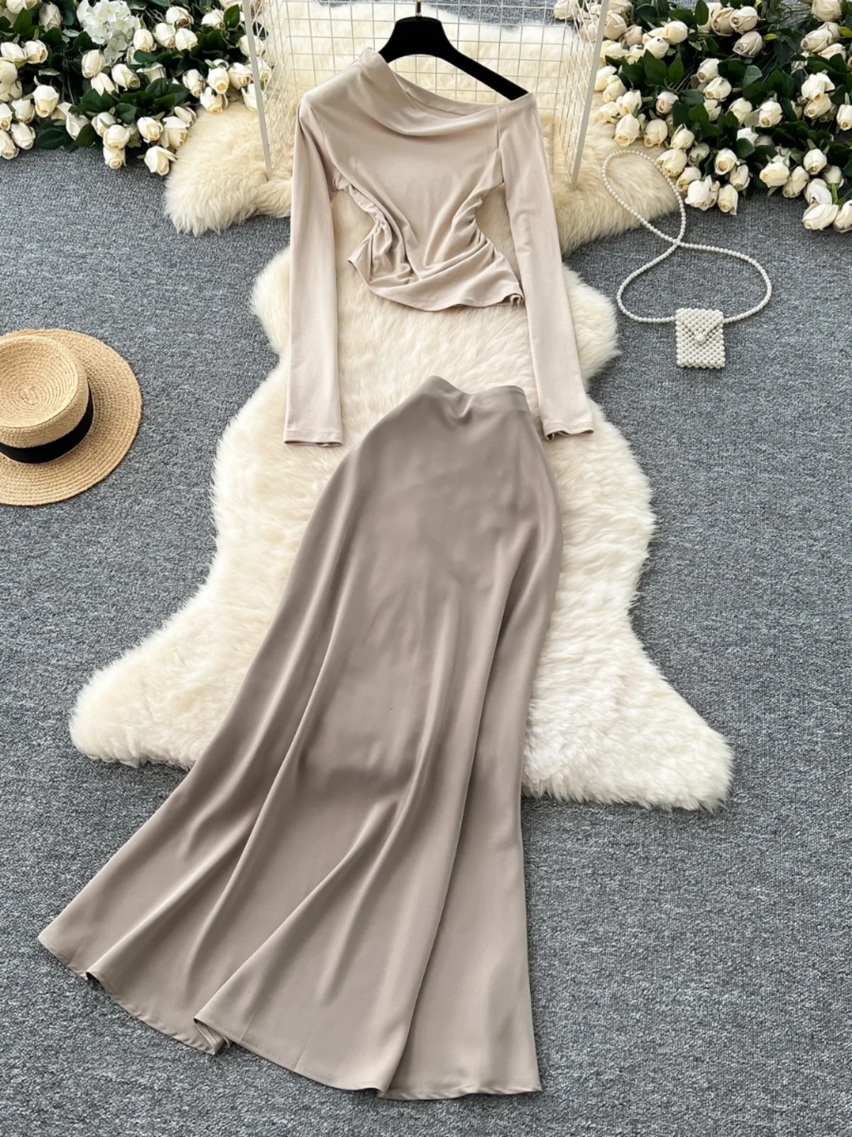 

Ele Two-Piece Women's Faion Set High Waist Silk Long Sve Slim Fit T-irt Top And f Skirt for Young Adults