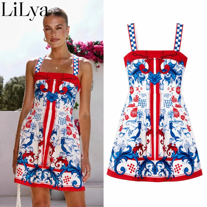 New Elegant Vintage French Printed Checkered Strap Square Neck Mini Slip Dress Women Casual Daily Party Vacation Versatile Dress