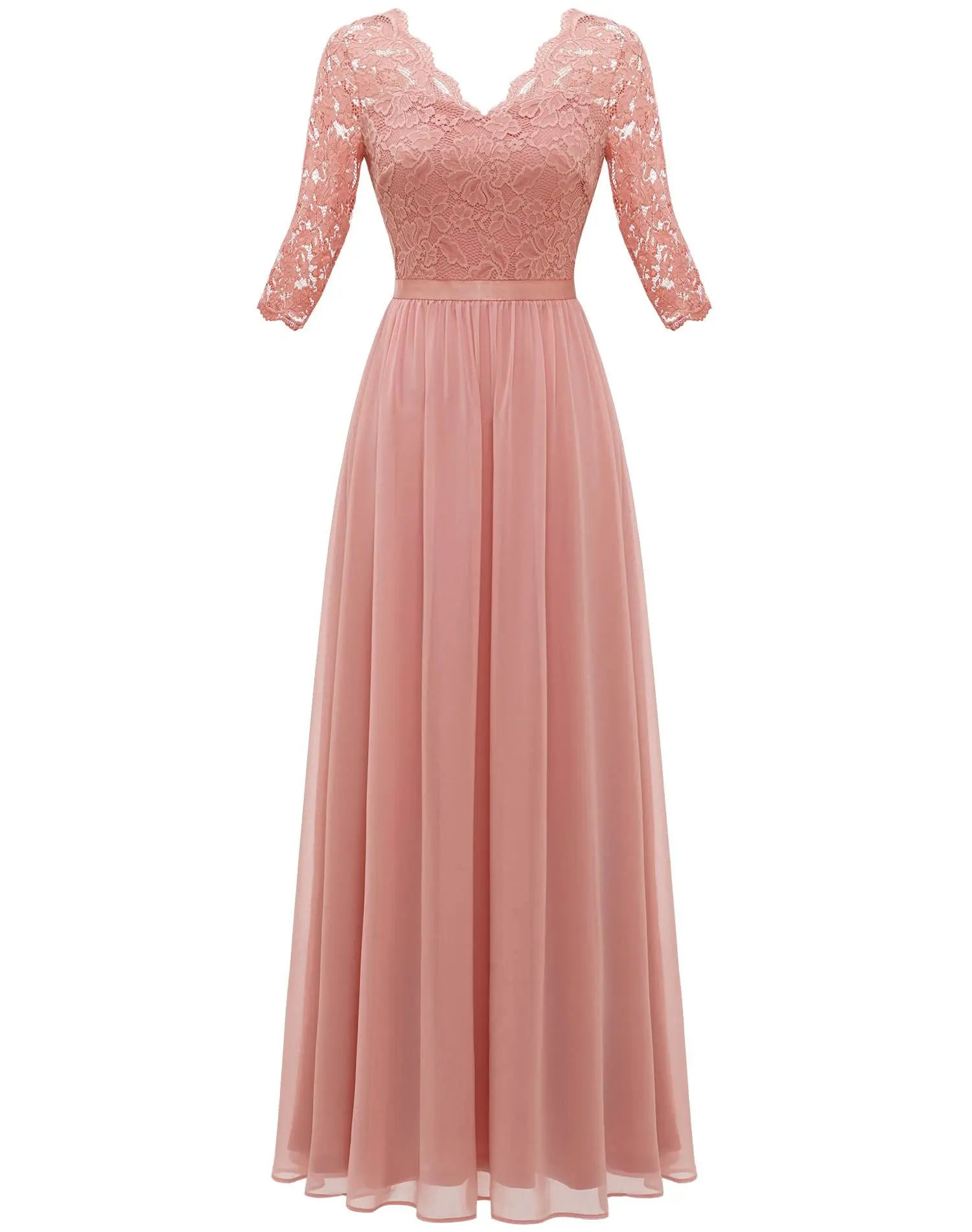 Double V-neck Lace Chiffon Long Formal Mother of Bride Dress With 3/4 Sleeves