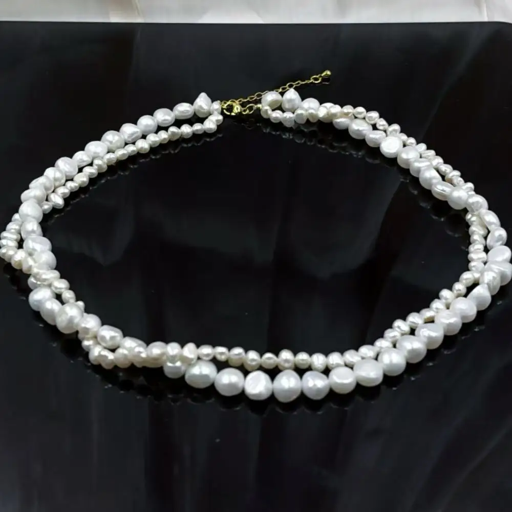 4-5mm 8-9mm Elegant White Potato Baroque Genuine Natural Freshwater Pearl 2 Layers Necklace