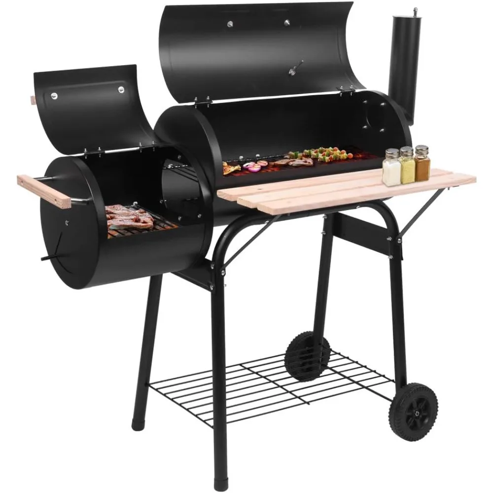 

Grill BBQ Charcoal Outdoor Patio Barbecue Cooker with Offset Smoker, Wheels and Tray for Balcony Picnics, Party and Camping