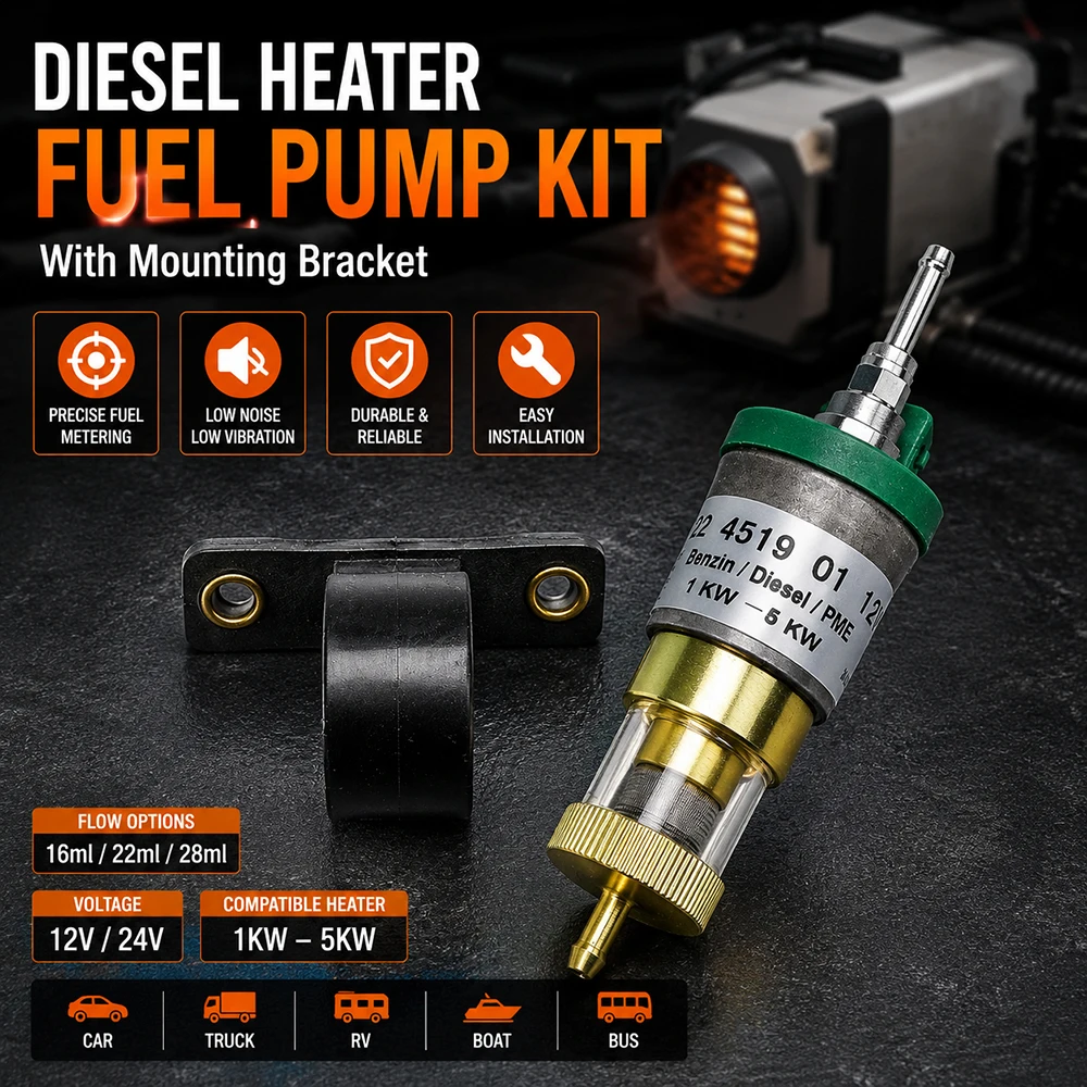 Diesel Heater Fuel Pump 12V/24V with Mounting Bracket 16/22/28ml for Eberspacher 1-5KW Parking Heater Compatible with Various Mo