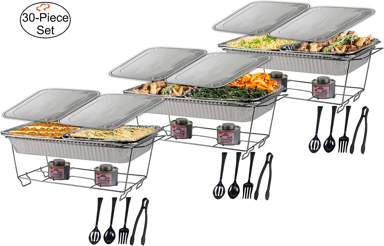 

Chef Chafing Dish Buffet Set Full Size Wire Chafer Stand Kit Catering Set for Parties Disposable Serving Utensils Includes Pans