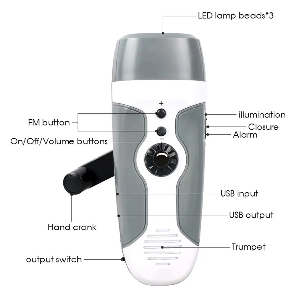 Linterna de emergencia portátil 3 en 1 para exteriores, generador de manivela, lámpara de mano, Radio FM, Banco de energía, antorcha, luces Led recargables por USB